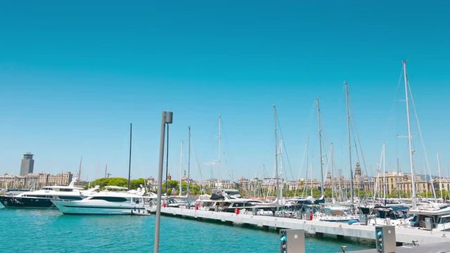 Establishing shot - yachts in marina, Barcelona, 4k UltraHD Spain