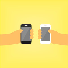 Hand holding smart phone Flat design