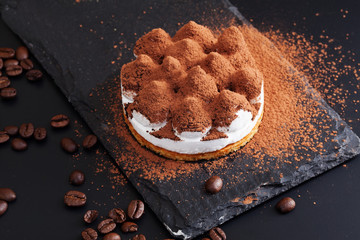 tiramisu graphite plate black background beautifully appetizing