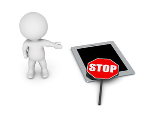 3D Character Showing Stop Sign Over Tablet