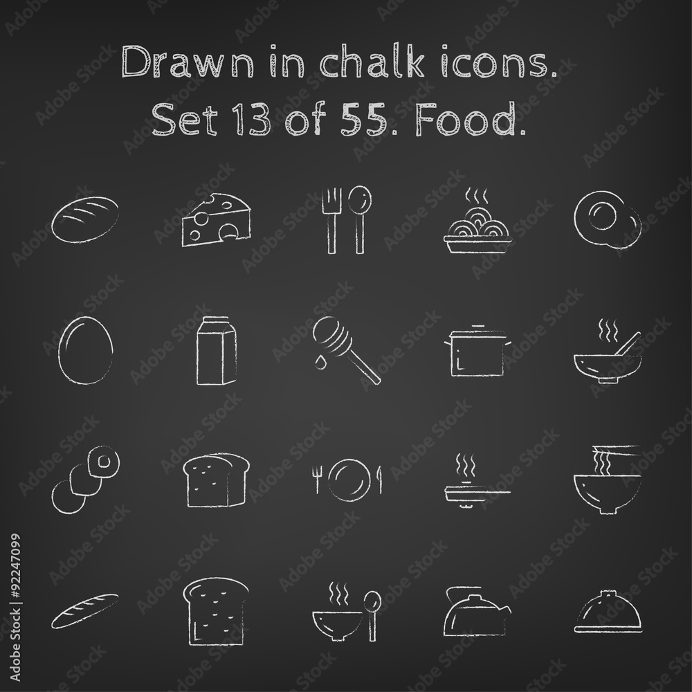 Poster Food icon set drawn in chalk.