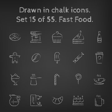 Fast food icon set drawn in chalk.