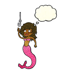 cartoon mermaid and fish hook with thought bubble
