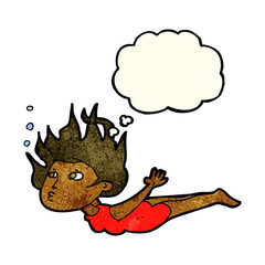 cartoon woman swimming underwater with thought bubble