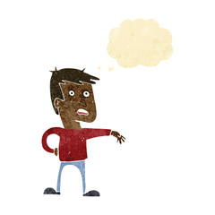 cartoon man making camp gesture with thought bubble