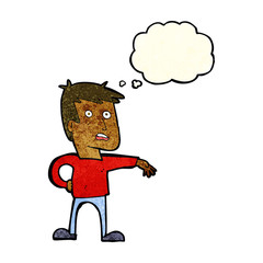 cartoon man making camp gesture with thought bubble