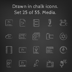 Media icon set drawn in chalk.