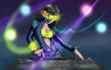 ilustración de hermosa mujer pelo negro dj ambientando fiesta en club nocturno