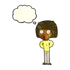 cartoon staring woman with thought bubble