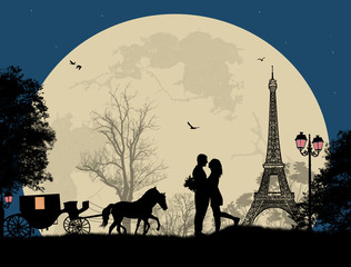 Naklejka premium Carriage and lovers at night in Paris