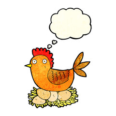 cartoon hen on eggs with thought bubble