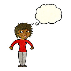 cartoon woman shrugging shoulders with thought bubble