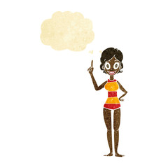 cartoon woman in striped swimsuit with thought bubble
