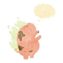 cartoon fat smelly pig with thought bubble