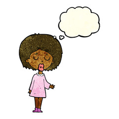 cartoon woman explaining her point with thought bubble