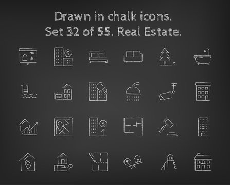 Real estate icon set drawn in chalk.