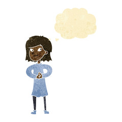 cartoon happy woman with thought bubble