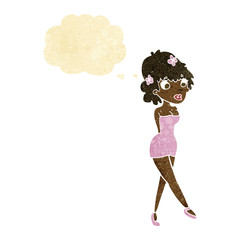cartoon woman posing in dress with thought bubble