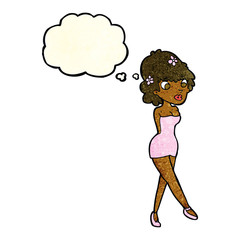 cartoon woman posing in dress with thought bubble