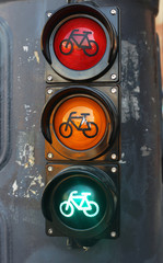 Red orange green colored traffic lights