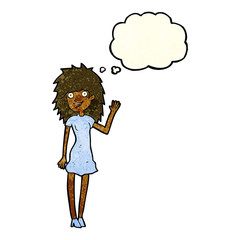 cartoon happy woman waving with thought bubble