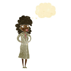 cartoon woman in trench coat with thought bubble