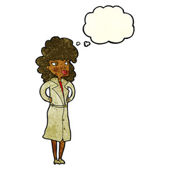 cartoon woman in trench coat with thought bubble