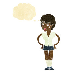 cartoon tough woman with hands on hips with thought bubble