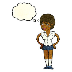 cartoon tough woman with hands on hips with thought bubble