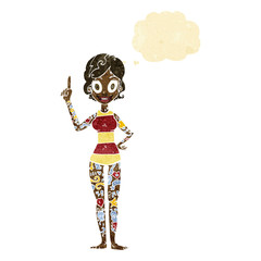 cartoon woman covered in tattoos with thought bubble
