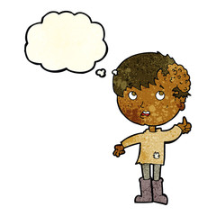 cartoon boy with growth on head with thought bubble