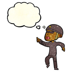 Obraz na płótnie Canvas cartoon man in bike helmet pointing with thought bubble