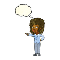 cartoon woman pointing with thought bubble