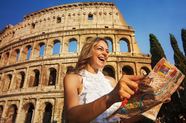 Woman on the background of the Colosseum