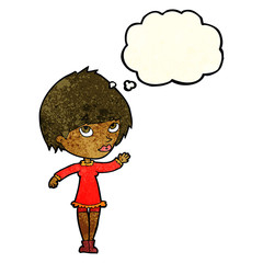 cartoon woman waving with thought bubble