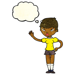 cartoon woman waving with thought bubble
