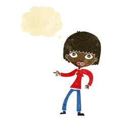 cartoon woman pointing with thought bubble