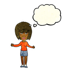 cartoon woman shrugging shoulders with thought bubble