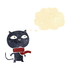 cartoon black cat wearing scarf with thought bubble