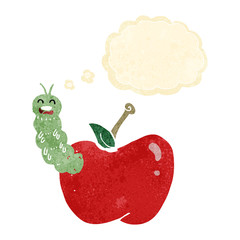 cartoon bug eating apple with thought bubble