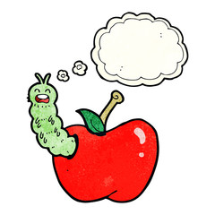 cartoon bug eating apple with thought bubble