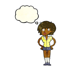 cartoon surprised woman with hands on hips with thought bubble