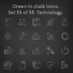 Technology icon set drawn in chalk.
