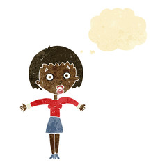 cartoon woman shrugging shoulders with thought bubble