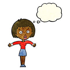 Obraz premium cartoon woman shrugging shoulders with thought bubble