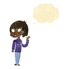 cartoon waving woman with thought bubble