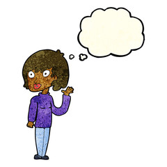 cartoon waving woman with thought bubble