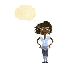 cartoon woman with hands on hips with thought bubble