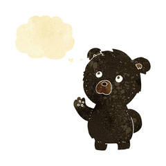 cartoon waving black bear with thought bubble