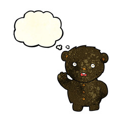 cartoon unhappy black teddy bear with thought bubble